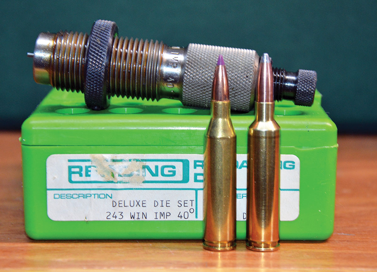 Fireforming the 243 Winchester case to the Ackley Improved shape increases its capacity by about 10 percent. Everything including barrel length and the chamber pressure to which the two are loaded being equal, the Ackley will be 100 fps or so faster.